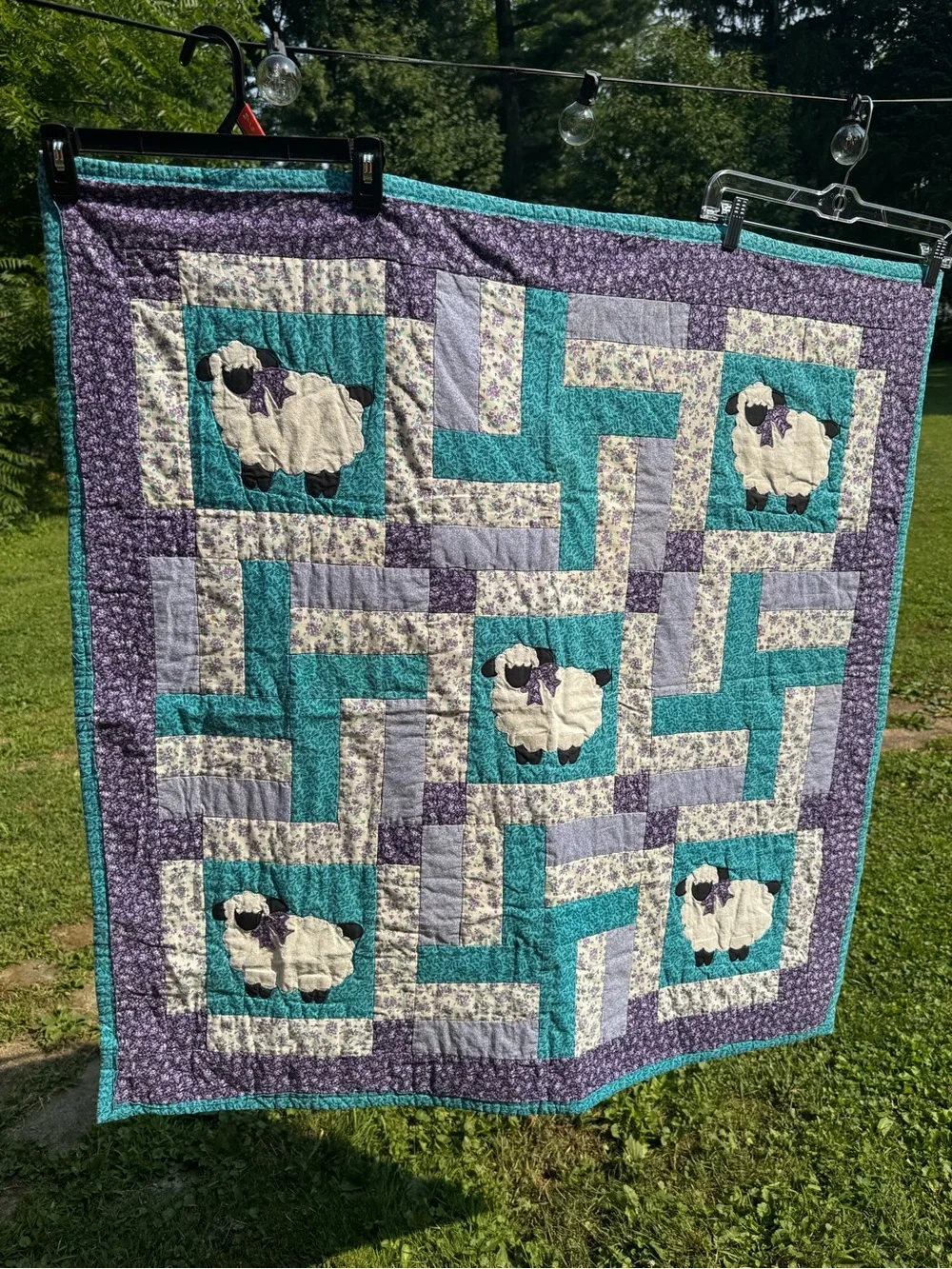 Handmade Vintage Lamb & Pinwheel Patchwork Baby Crib Quilt 39” x 39”
